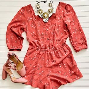 Long sleeve, terra-cotta, floral romper w/POCKETS!